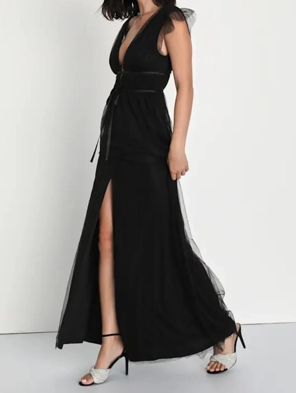 Lulus I'm All Yours Black Tulle Ruffled Maxi Dress - V-Neck V-Back - Size Large